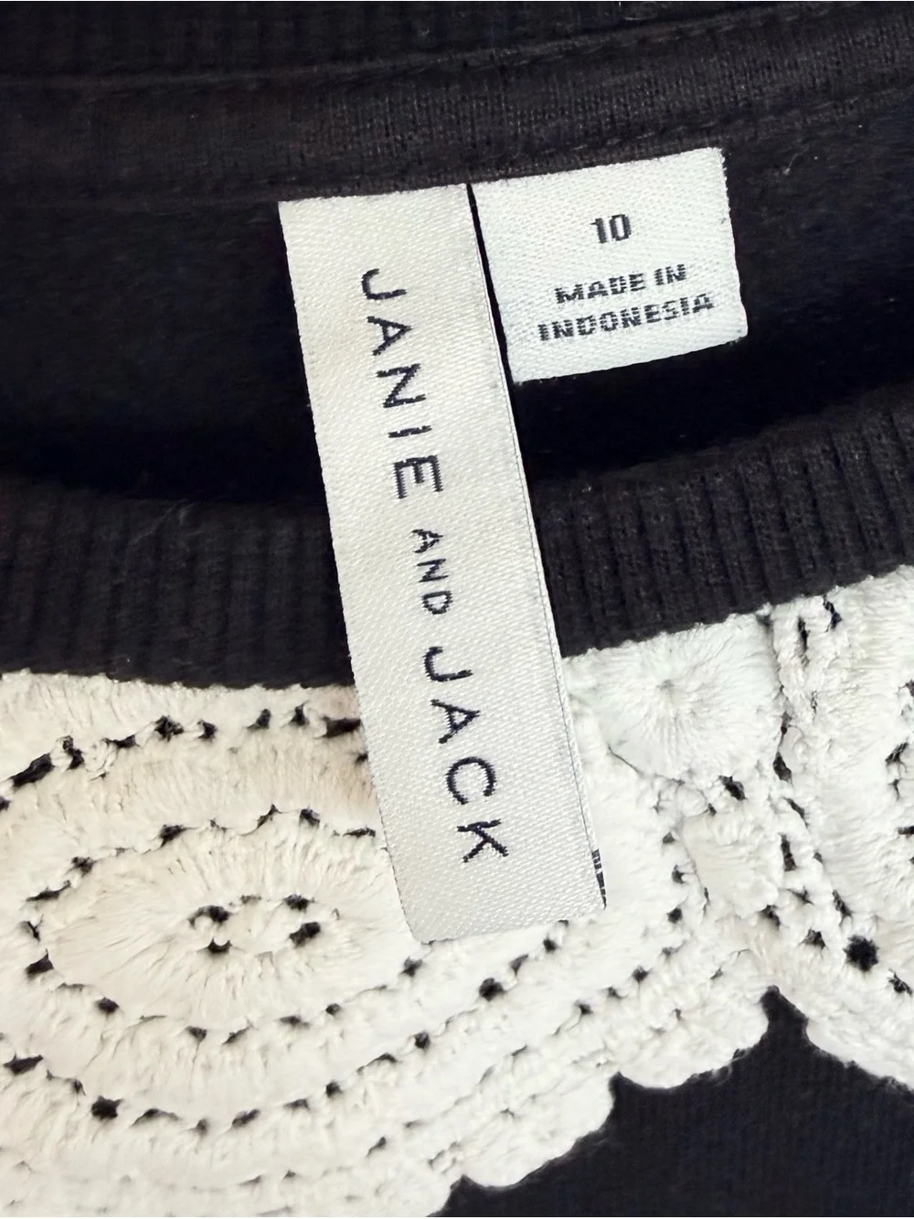 Janie and Jack Girl Black Sweatshirt with White Crochet Collar